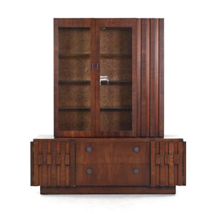 Lane Staccato Brutalist Mid Century Walnut Buffet And Hutch