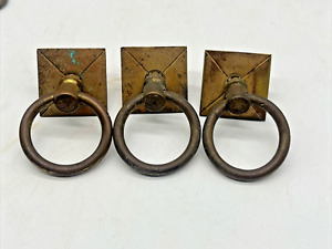 Set 3 Old Brass Antique Drop Ring Drawer Pulls Plates Eastlake Pat 1879 Marked