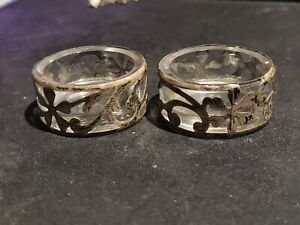Set Of 2 Antique Ornate Sterling Silver And Glass Insert Salt Cellars Or Dips