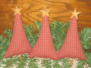 Country Christmas Decor 3 Rustic Red Fabric Trees Bowl Fillers Prim Rusty Stars