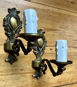 Pair Vintage Brass French Ormolu Louis Style Wall Lamp Light Candle Sconce J