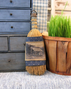 Antique Whisk Broom Blue Calico Sleeve With Old Photo Print Of A Cabin