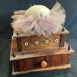 Antique Mid 1800s Steeple Sewing Box Primitive Folk Art Wood Caddy Pin Cushion