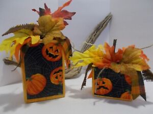 Primitive Folk Art 2 Wooden Happy Scary Pumpkins Fall Halloween Decor Handmade