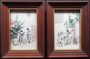Chinese Engraved Hand Painted Tile Art Song Of Everlasting Regret Framed Plaques