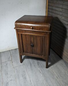 Vintage Art Deco Waterfall Wood Sewing Spool Cabinet With Tambour Doors Shelf