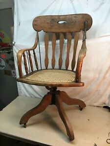 Antique Oak Wood Swivel Office Bankers Chair Cane Seat 1800s Western Decor Chair