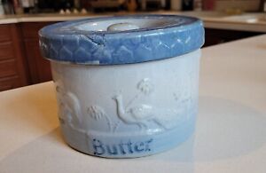 Blue And White Stoneware Butter Crock Peacock