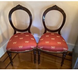 19th C English Balloon Back Side Chair With Silk Upholstery Set Of 2 