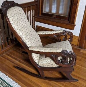 Antique Upholstered Carved Mahogany Lincoln Rocking Chair See Photos And Video