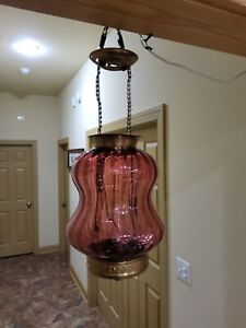 Atq Victorian Cranberry Opalescent Striped Red Glass Pendant Ceiling Hall Light