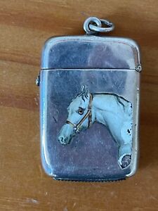 Antique Victorian 1883 Birmingham Sterling Silver Vesta Case W Enamel Horse 29g