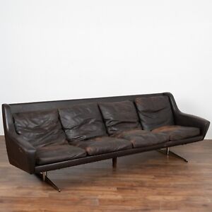 Mid Century Brown Vintage Leather Four Seat Sofa With Chrome Feet Denmark