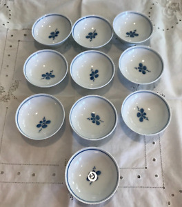 Vintage Japanese Porcelain 10 Sake Cups Sakazuki Guinomi Hand Painted Blue White