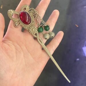 Ming And Qing Dynasty White Copper Silver Inlaid Jadeite Jewelry Jade Hairpin