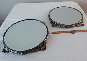Pair Antique French Art Nouveau Silver Plate Mirrored Plateaus Perfume Trays