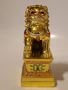 Feng Shui Chinese Metal Gold Tone Lion Statue Single Foo Dog Rare Hard To Find