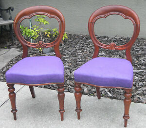 Antique Victorian Rococo Revival Balloon Back Chair Walnut Set Of Two 
