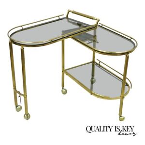 Brass Italian Hollywood Regency Swivel Rolling Bar Cart Server W Smoked Glass