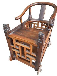 Antique Chinese Kids Wooden Baby Toddler Carriage Feeding Table Rare 
