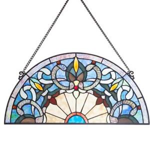 Window Panel Blue Victorian Corista Half Moon Stained Glass Handcrafted Hanging