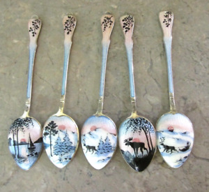 5 Vintage Norne Norwegian Sterling Silver Enamel Scenes Demi Spoons