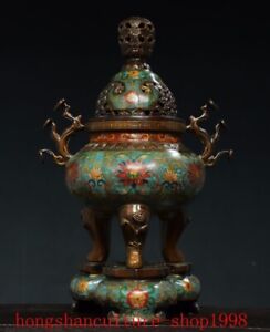 16 Old Chinese Temple Bronze Cloisonne Flowers Sacrifice Incense Burner Censer