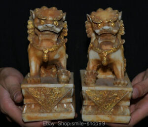 6 Old China White Jade Gilt Feng Shui Foo Fu Dog Guardion Lion Ball Statue Pair