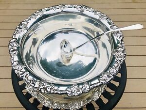 Vintage Gorham Decorative Large Silverplate Punchbowl With Tray And Ladle