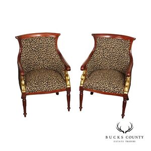 French Directoire Empire Style Pair Of Mahogany Carved Swan Armchairs