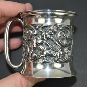 Edwardian English Sterling Silver Christening Cup Cherub Rabbit Design