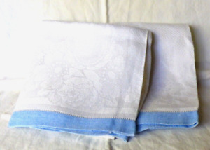 Pair Antique Early 20th Century Damask Linen Tea Towels Blue Edge 31 X17 Lovely