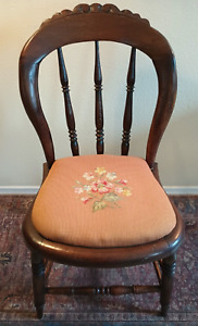 Antique 1880 Floral Embroidery Seat Solid Walnut Occasional Balloon Back Chair