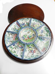 Antique 19th C Chinese Enamel On Metal Sweetmeat Plate Dish Set Lacquered Case