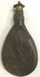Early American 6 1 4 Leather Flask With Bird Design Free Shipping 