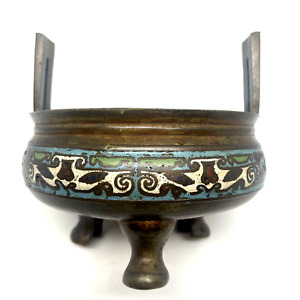 Antique Chinese Bronze Tripod Footed Censer Bowl Cloisonne Champleve Blue