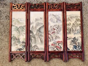Miniature Chinese Dressing Table Screen Hand Painted Landscape Flower Panels