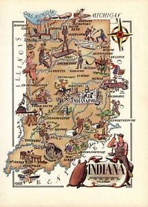 1940s Antique Indiana State Map Colorful Liozu Art Picture Map Of Indiana 1364