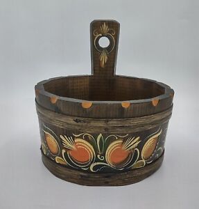 Vtg Bavarian Wood Hanging Basket Bucket Tole Hand Painted Folk Art 7 5 Germany