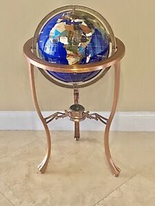 Blue Lapis Floor Standing Gemstone World Globe On Copper Stand With Compass