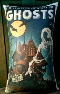Retro Vintage Cabin Halloween Ghost Book Haunted House Bats Spooky Pillow