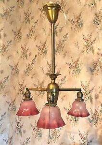 Three Armed Brass Hanging Lamp Light Chandelier W Cranberry Cherub Shades