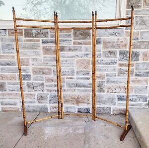 Antique Victorian Tortoise Shell Pyrography Bamboo 3 Panel Screen Room Divider