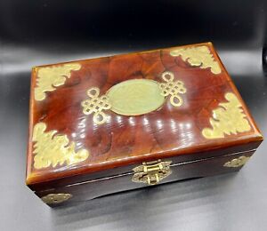 Chinese Jewelry Box Carved Jade Inlay Wood Trinket Box W Brass Bat Lucky Design