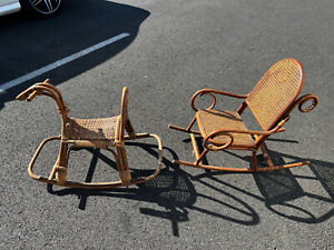 Mid Century Modern Franco Albini Style Rattan Rocking Horse Rocking Chair