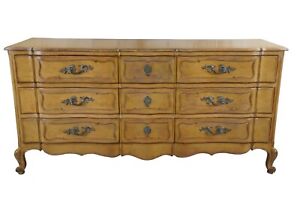 Mid Century Country French Provincial Serpentine 9 Drawer Triple Dresser 72 