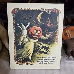 Old Primitive Vintage Victorian Style Halloween Pumpkin Head Ghost Man Poem Sign