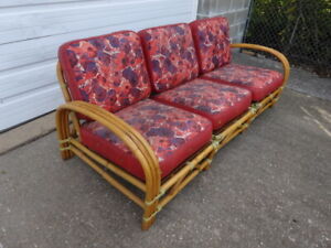 Vintage Mid Century Modern Paul Frankl Era 1950s Tiki Rattan 3 Chairs Sofa Couch