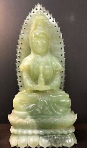 Large Chinese Carved Bowenite Seated Figure Of Guanyin 16 3 4 Tall Hard Stone 
