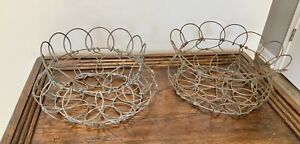 2 Antique Wire Egg Baskets Collapsible Foldable Farmhouse Primitive